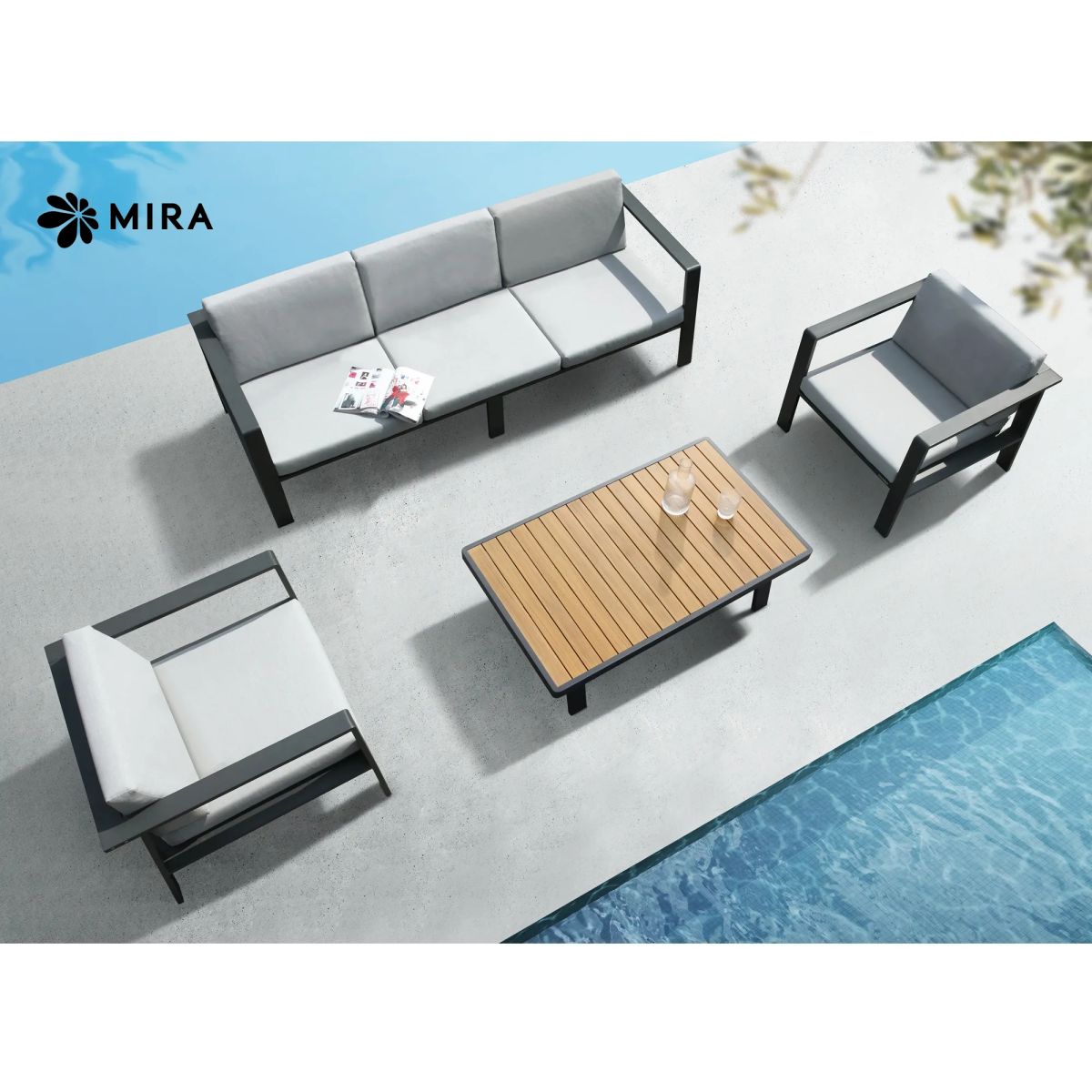 ריהוט גן MIRA NOFAR סט 3 חלקים ספה תלת + 2 כורסאות + שולחן 120x70 אלומיניום ועץ באחריות יבואן רשמי