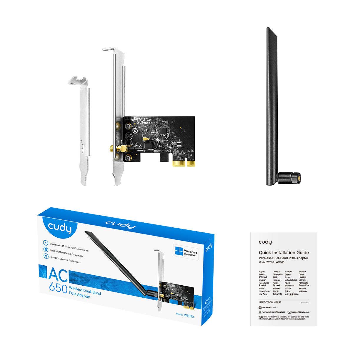 כרטיס רשת אלחוטי Cudy WE650 – AC650 Dual-Band – ממשק PCI-E – אנטנה ניתנת להסרה