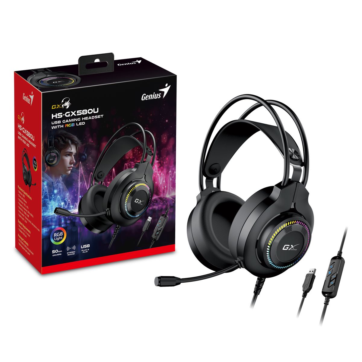 אוזניות גיימינג Genius HS-GX580U – דרייברים 50 מ"מ – RGB – חיבור USB