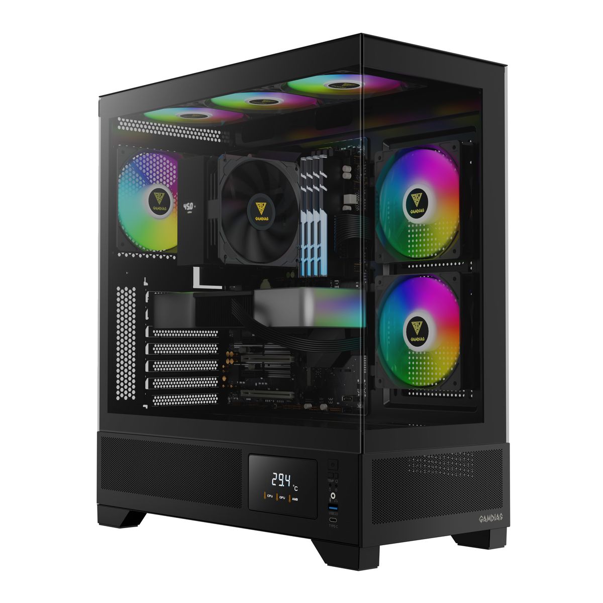 מארז מחשב GAMDIAS ATLAS M1 Mid-Tower ATX Micro-ATX Mini-ITX עם זכוכית מחוסמת ו-3 מאווררי ARGB באחריות יבואן רשמי