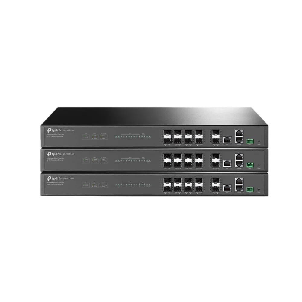 מסוף אופטי OLT DeltaStream DS-P7001-08 – 8 פורטי GPON – 2x10G SFP+ – ספקי כוח AC+DC כפולים – טווח 20 ק"מ