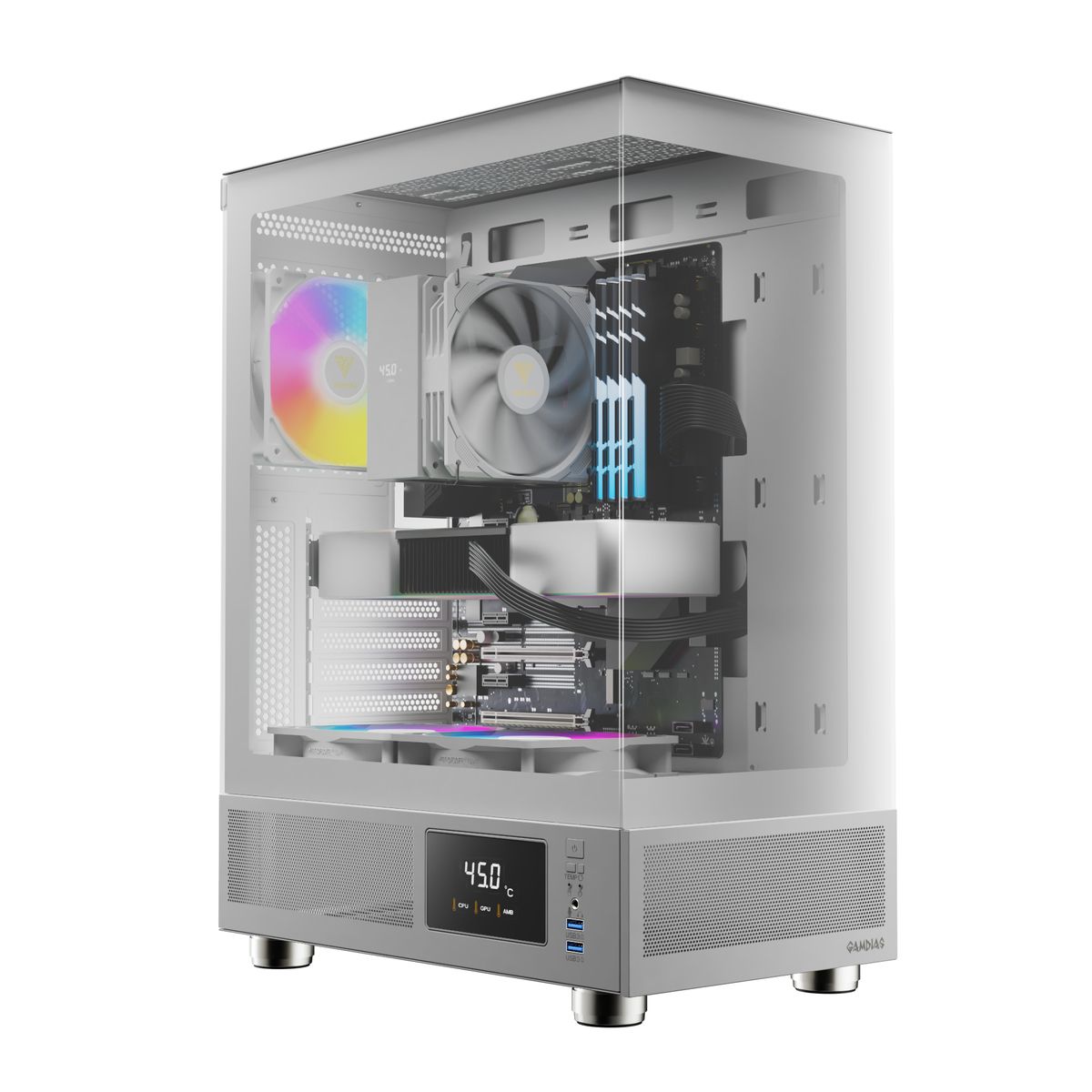 מארז מחשב GAMDIAS ATLAS E1 WHITE Mid-Tower ATX מזכוכית מחוסמת 2x120mm ARGB מאווררים באחריות יבואן רשמי