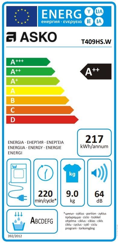 מייבש כביסה קונדנסור 9 קג logic ASKO דגם T409HS.W