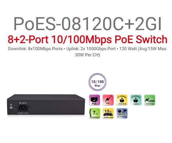 סוויץ 2PORT UPLOAD 1GB + Provision PoES-08120C+2GI 8port 10 100