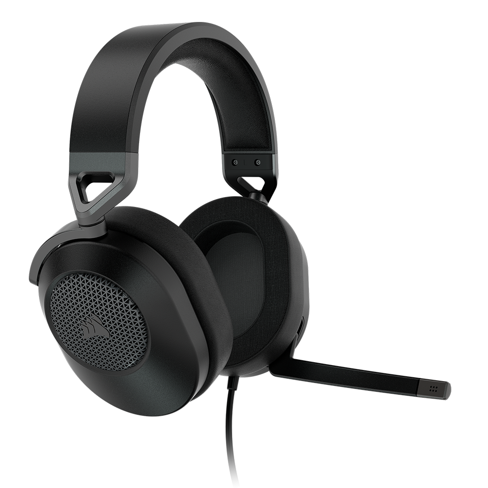 אוזניות גיימינג Corsair HS65 SURROUND – דרייברים 50 מ"מ – Dolby Audio 7.1 – חיבור USB ו-3.5 מ"מ – משקל 282 גרם – צבע שחור – שנתיים אחריות