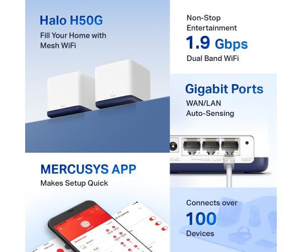 MERCUSYS Halo H50G AC1900 Mesh WiFi 5 System 2 Pack Gigabit