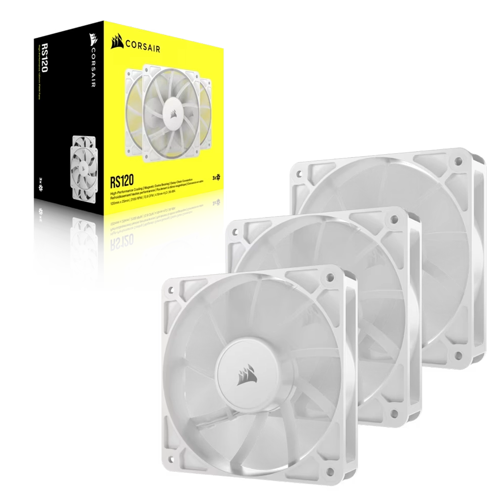 שלישיית מאווררי מארז CORSAIR RS120 120mm – חיבור PWM 4 פינים – מיסב מגנטי Dome – AirGuide – לבן
