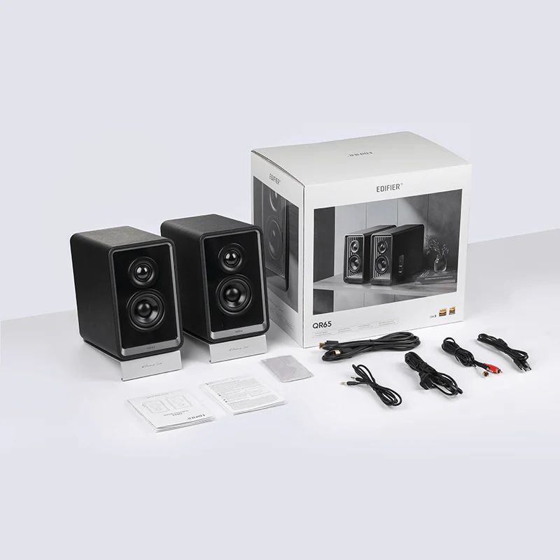 רמקולי מוניטור אקטיביים Edifier QR65 – הספק טווח גבוה 15W×2 וטווח נמוך 20W×2 – תגובת תדר 55Hz-40kHz – חיבורי Bluetooth, USB-A ו-RCA – כולל מטען GaN 65W – צבע שחור