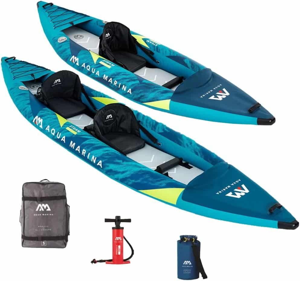 קיאק מתנפח Aqua Marina STEAM22 ST412 – 412x83 ס"מ – 2 מושבים – משקל 18 ק"ג – 2 משוטי אלומיניום