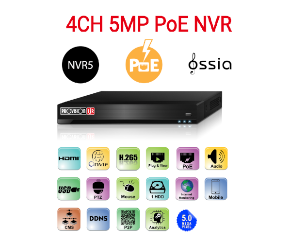 מערכת הקלטה PROVISION NVR5-4100PXN – 4 ערוצי מצלמות IP – תמיכה עד 5MP – PoE מובנה – דיסק 4TB – שנת אחריות