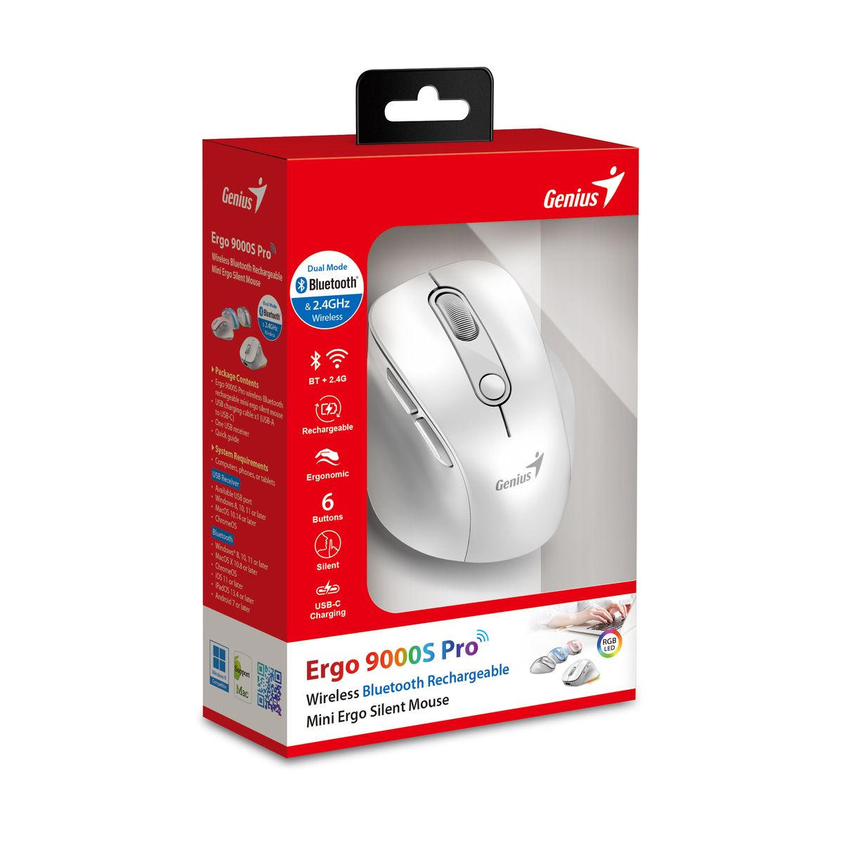 עכבר אלחוטי ארגונומי Genius Ergo 9000S PRO – Bluetooth + 2.4GHz – 2400 DPI – לבן פנינה