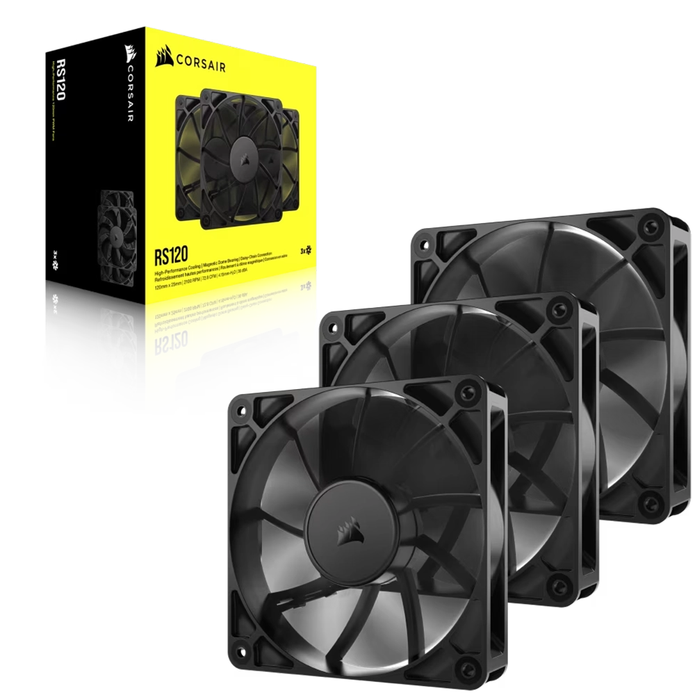שלישיית מאווררי מארז CORSAIR RS120 120mm – חיבור PWM 4 פינים – מיסב מגנטי Dome – AirGuide – שחור