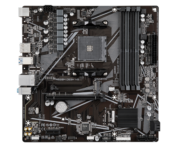 לוח אם Gigabyte A520M DS3H V2 – תושבת AM4 – ערכת שבבים A520 – גודל Micro ATX – זכרון DDR4