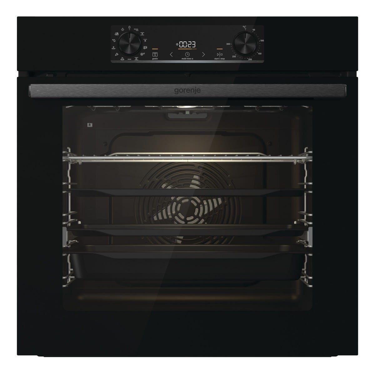 תנור בנוי פירוליטי gorenje בגימור זכוכית שחורה דגם OP84BG