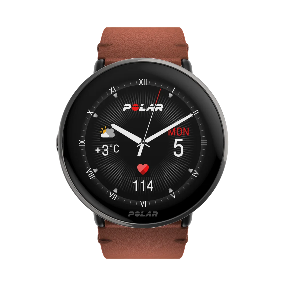 שעון כושר Polar Ignite 3 Titanium – מסך AMOLED מגע – רצועת עור – עד 5 ימי סוללה – צבע ברונזה