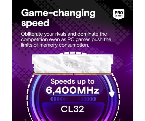 זכרון למחשב נייח Crucial Pro DDR5 16GB – מהירות 6400MHz – CL32 – תאימות XMP ו-EXPO – צבע לבן