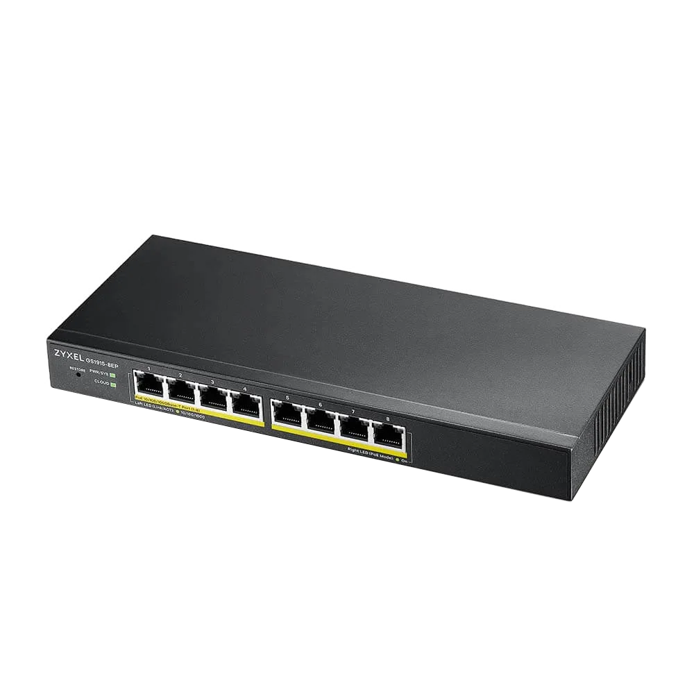 מתג Zyxel GS1915-8EP 8 פורטים Gigabit PoE+ 60W מנוהל ענן באחריות יבואן רשמי