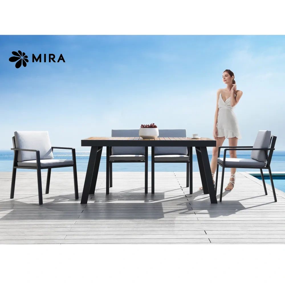 ריהוט גן MIRA שולחן + 6 כיסאות אלומיניום מט פחם עם כריות אפורות באחריות יבואן רשמי