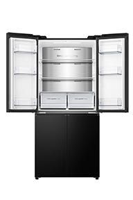 מקרר Hisense ארבע דלתות הפוך עם בנפח 483 ליטר נטו דגם RQ58BG זכוכית שחורה