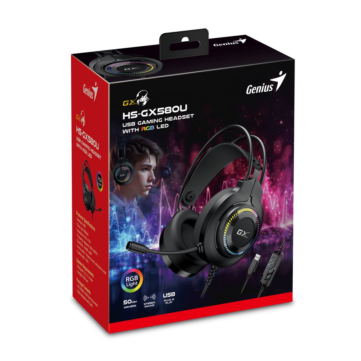 אוזניות גיימינג Genius HS-GX580U – דרייברים 50 מ"מ – RGB – חיבור USB