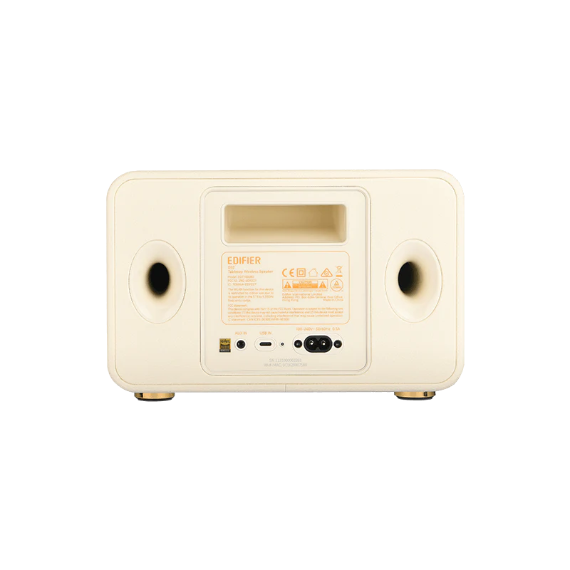 רמקול שולחני אלחוטי Edifier D32 – הספק טווח גבוה 15W×2 וטווח נמוך 30W – תגובת תדר 52Hz-40kHz – Bluetooth 5.3 ו-Wi-Fi AirPlay – חיבורי USB-C ו-AUX – צבע לבן