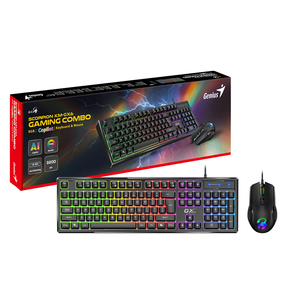 סט מקלדת ועכבר גיימינג Genius Scorpion KM-GX6 RGB 7 אזורים 19 כפתורי אנטי גוסטינג USB שחור באחריות יבואן רשמי