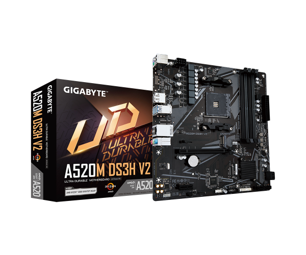 לוח אם Gigabyte A520M DS3H V2 – תושבת AM4 – ערכת שבבים A520 – גודל Micro ATX – זכרון DDR4