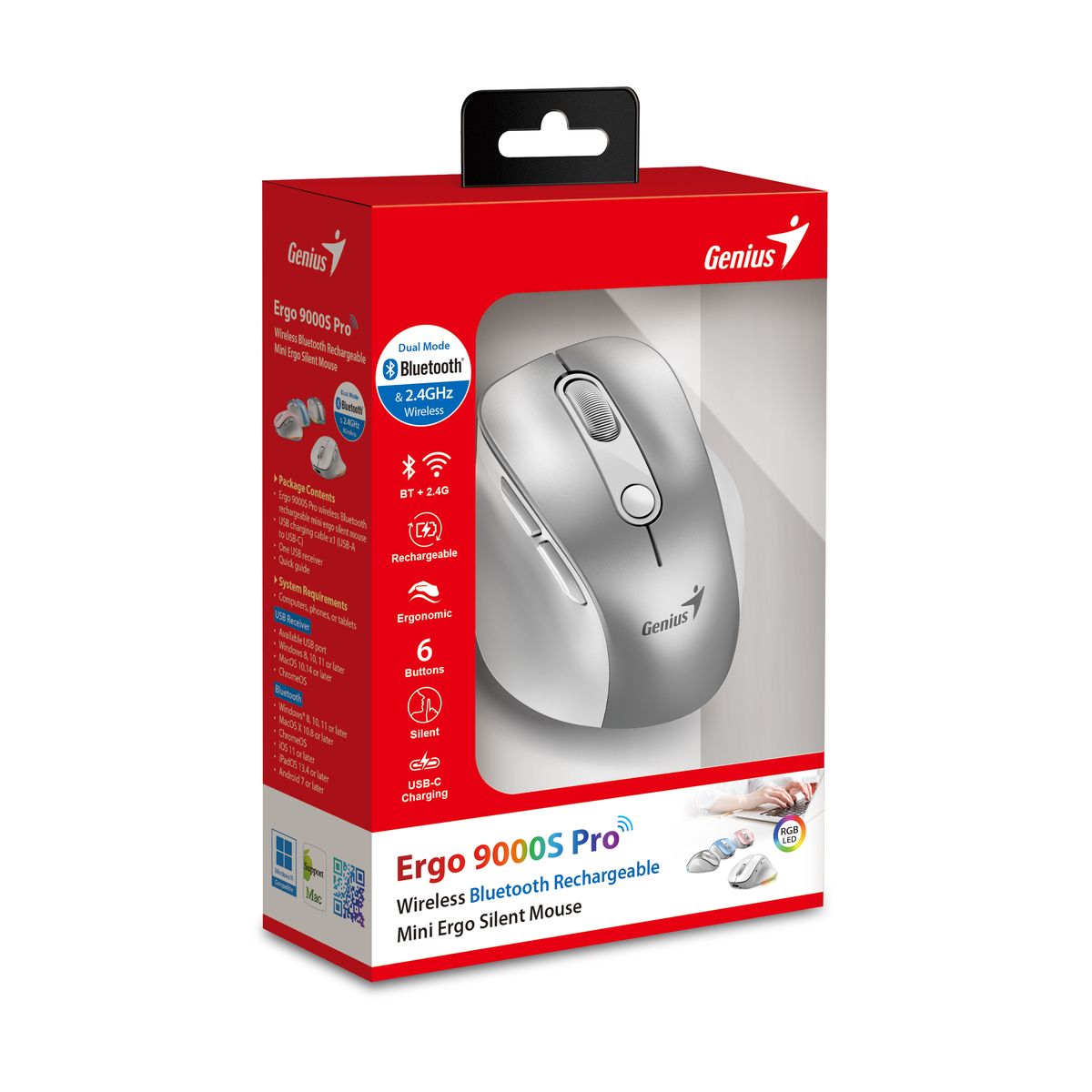 עכבר אלחוטי ארגונומי Genius Ergo 9000S PRO – Bluetooth + 2.4GHz – 2400 DPI – לבן פנינה