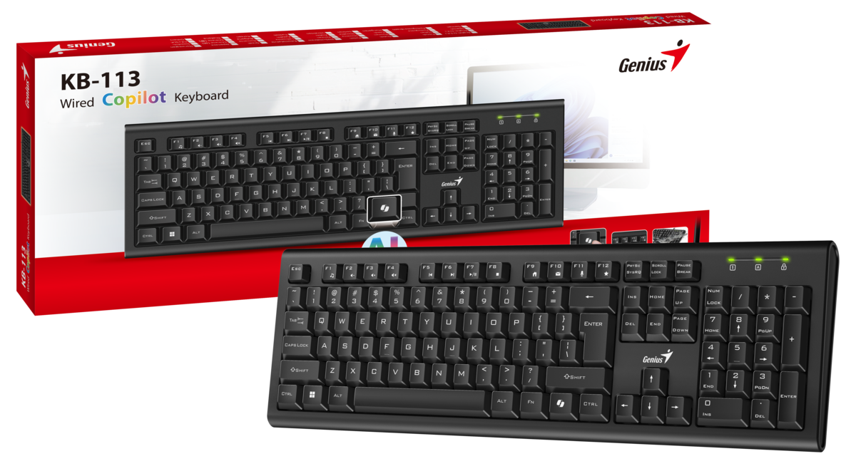 מקלדת גיימינג Genius KB-113 USB שחורה פרופיל נמוך עם כפתור AI COPILOT באחריות יבואן רשמי