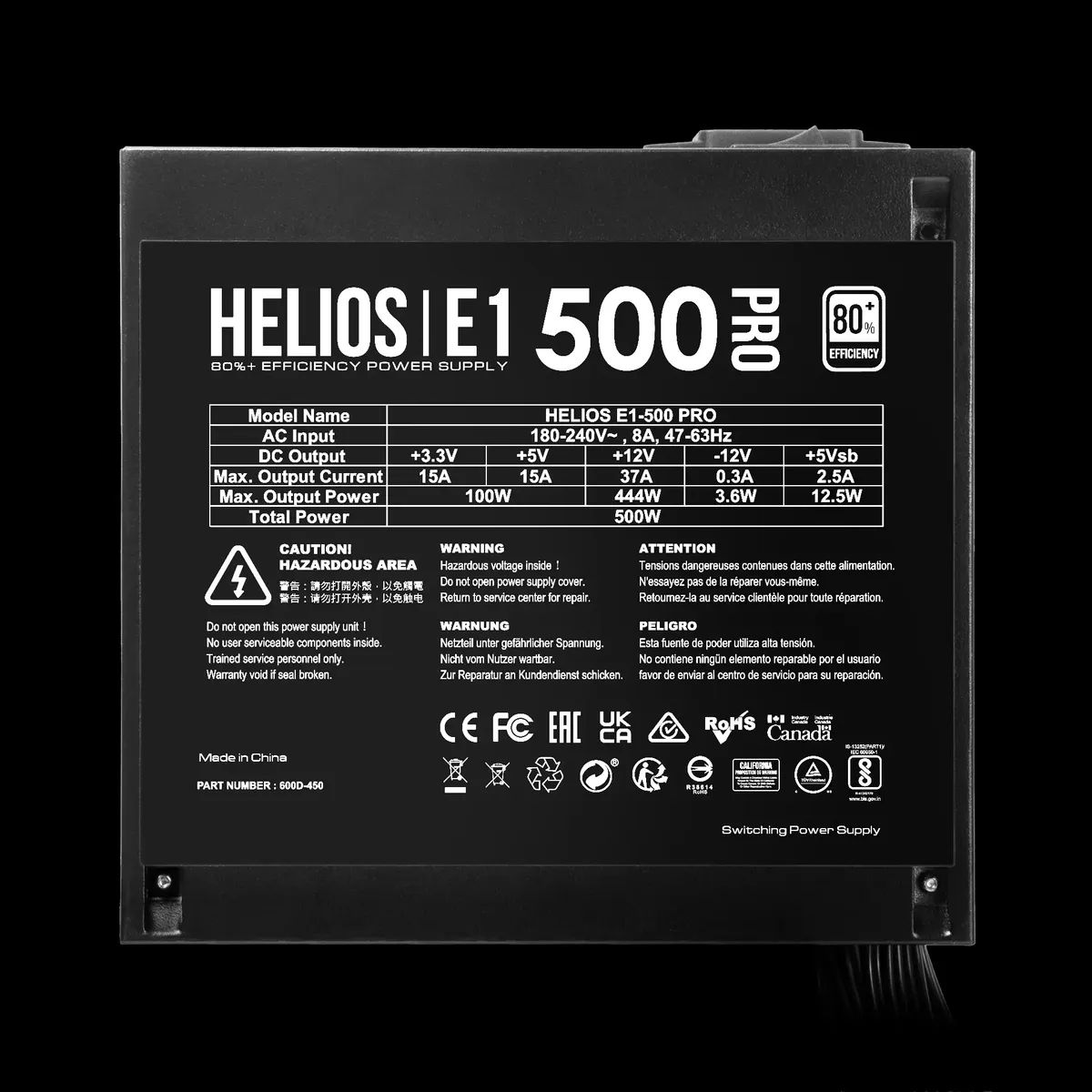 ספק כוח HELIOS E1-500 Pro – הספק 500W – תקן ATX12V v2.4 – מאוורר 120 מ"מ