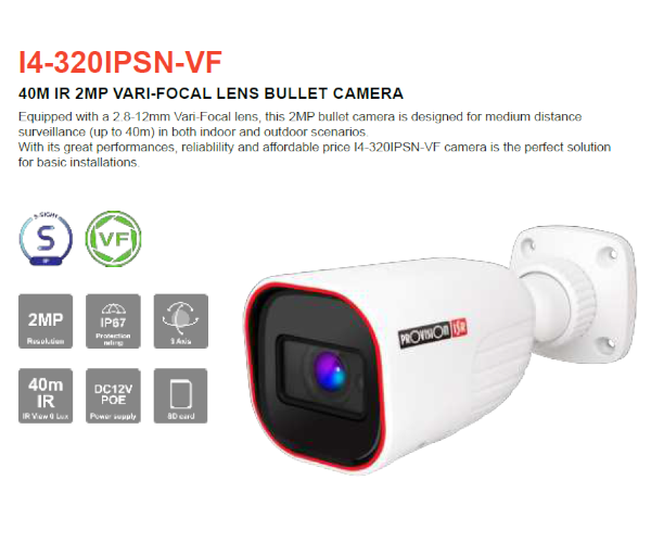 מצלמת אבטחה צינור Provision I4-320IPSN-VF – רזולוציה 2MP – עדשה Vary-Focal ‏2.8~12 מ"מ – הארת לילה 40 מטר – IP67 – PoE – מיקרופון מובנה