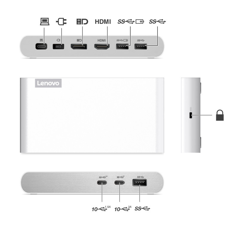 תחנת עגינה Lenovo 500 USB-C Universal Dock – 2×USB-C, 3×USB-A, HDMI 2.0, DisplayPort 1.4 – תמונה 3