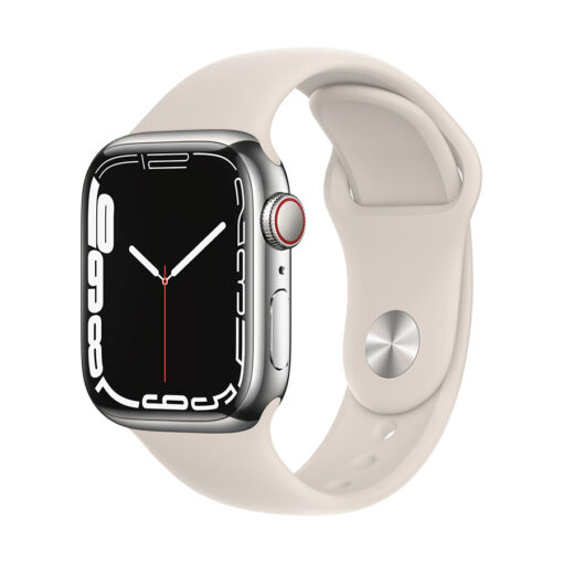 ⁦Apple Watch Series 7 GPS + Cellular, 41mm Stainless Steel Case with Sport Band - Regular - Silver Stainless Steel Case with Starlight Sport Band - Regular⁩ – תמונה ⁦16⁩