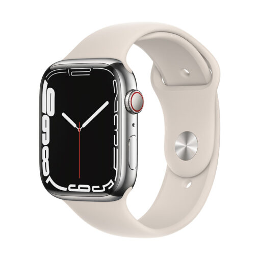 ⁦Apple Watch Series 7 GPS + Cellular, 45mm Stainless Steel Case with Sport Band - Regular - Silver Stainless Steel Case with Starlight Sport Band - Regular⁩ – תמונה ⁦13⁩