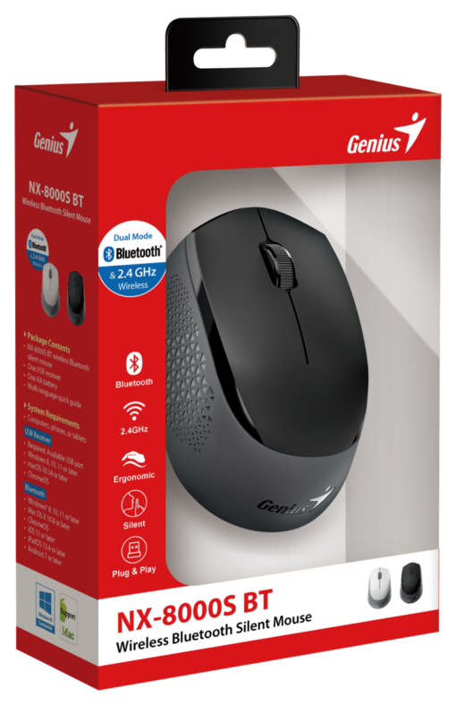 עכבר אלחוטי Genius NX-8000S – Bluetooth 5.3 ו-2.4GHz, 1200DPI, מקשים שקטים
