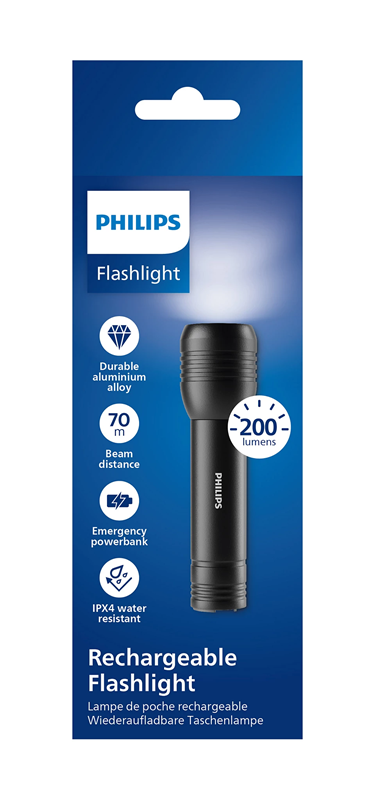 פנס יד נטען Philips SFL7003R – LED – טווח עד 170 מטר – עמיד למים IPX4 – תמונה 2