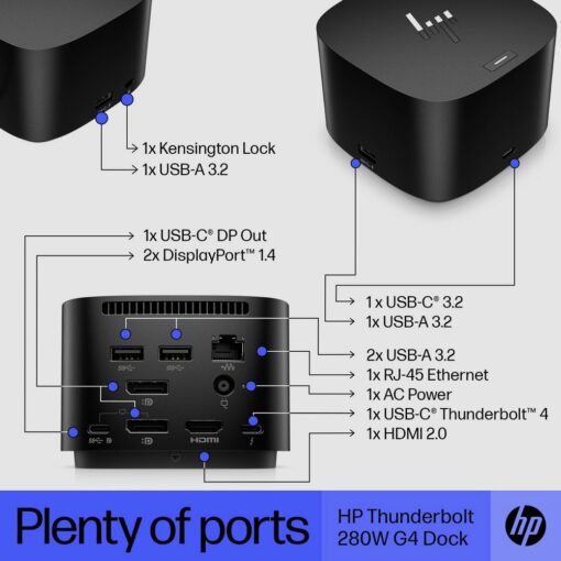 ⁦תחנת עגינה HP Thunderbolt Dock 280W G4 עם יציאות USB Type-C Type-A HDMI DisplayPort RJ-45 באחריות יבואן רשמי⁩ – תמונה ⁦2⁩