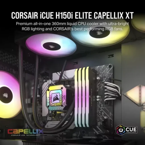 קירור נוזלי CORSAIR H150i ELITE CAPELLIX XT 360 מ"מ RGB שחור עם 3 מאווררים באחריות יבואן רשמי 5 שנים