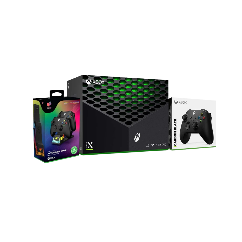 חבילת XBOX SERIES X הכוללת זוג בקרים שחורים ומטען כפול של PDP