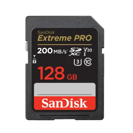 כרטיס זיכרון בנפח GB128 S.D EX PRO 4K 200S V30 מבית SANDISK