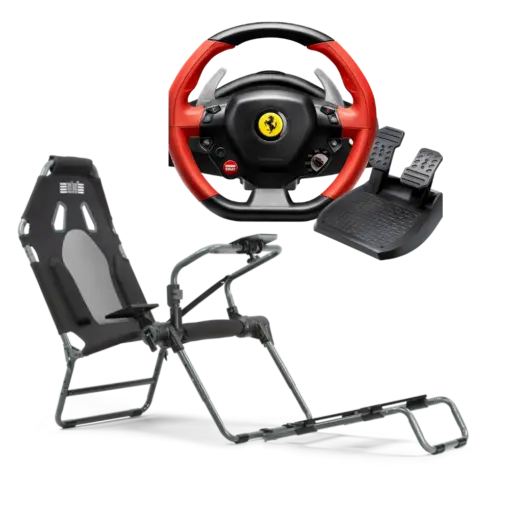 באנדל הגה Ferrari 458 Spider מבית Thrustmaster ומושב GTLite Carbon Grey מבית Next Level Racing