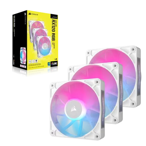 סט מאווררים CORSAIR iCUE LINK RX120 RGB – שלישיית מאווררי 120 ממ PWM בצבע לבן