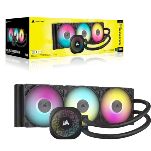 קירור נוזלי למעבד CORSAIR iCUE LINK TITAN 360 RX RGB כולל שלישיית מאווררי RX120 ותאורת RGB – שחור