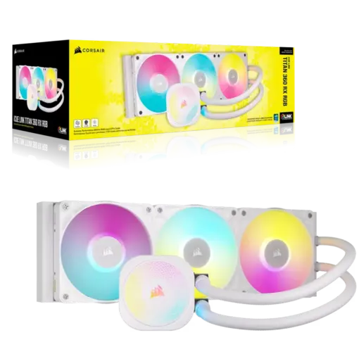קירור נוזלי למעבד CORSAIR iCUE LINK TITAN 360 RX RGB כולל שלישיית מאווררי RX120 ותאורת RGB – לבן