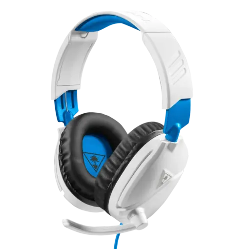 אוזניות גיימינג Turtle Beach Recon 70 – דרייברים 40 מ"מ – חיבור 3.5 מ"מ – מיקרופון מתקפל להשתקה – רב-פלטפורמתי – לבן-כחול