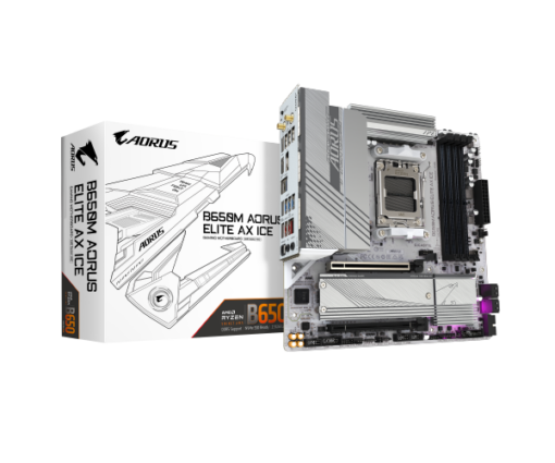 לוח אם Gigabyte B650M A ELITE AX ICE – מעבדי AMD AM5 – שבבים B650 – זיכרון DDR5 – Wi-Fi 6E – Micro ATX – לבן