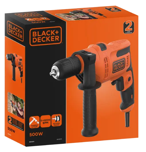 מקדחה פטישון חשמלית BLACK&DECKER 500W עם מנוע חזק 2800 סל"ד באחריות יבואן רשמי לשנתיים