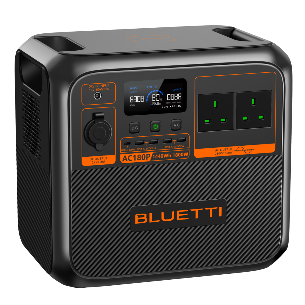 תחנת כוח ניידת BLUETTI AC180P – הספק 1,800W – סוללת LiFePO4 – משקל 16 ק"ג – אחריות 36 חודשים