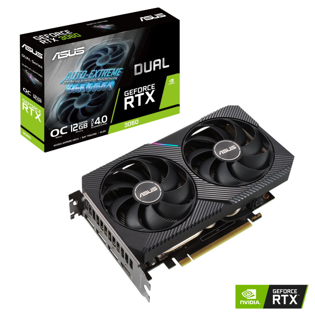 כרטיס מסך ASUS Dual GeForce RTX 3060 OC V2 – זיכרון 12GB GDDR6X – ממשק PCI Express 4.0 – יציאות HDMI 2.1a ו-3x DisplayPort 1.4a