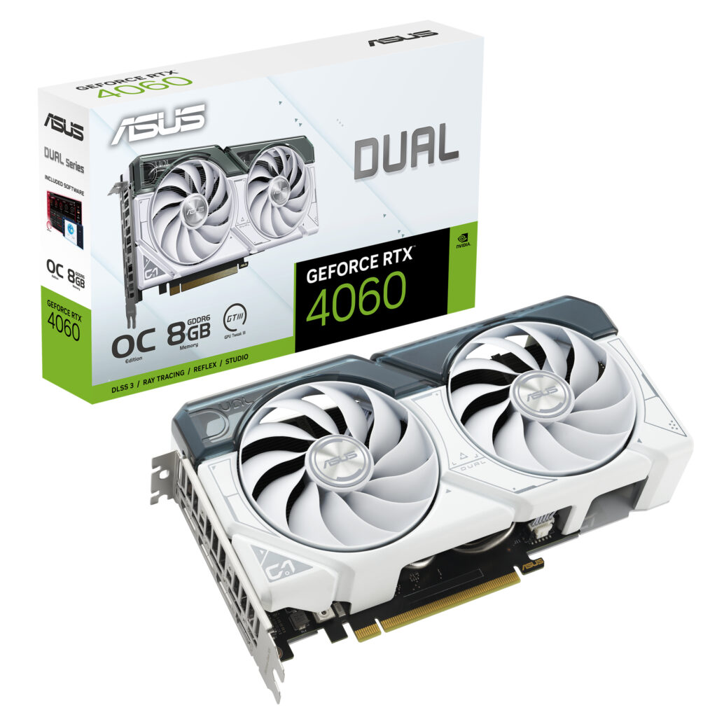 כרטיס מסך ASUS Dual GeForce RTX 4060 OC – זיכרון 8GB GDDR6 – ממשק PCI Express 4.0 – יציאות HDMI 2.1a ו-3x DisplayPort 1.4a – צבע לבן